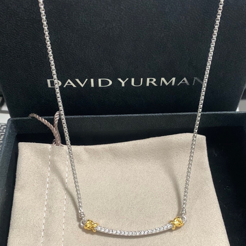 David Yurman Two-Tone Diamond Curved Bar Necklace - Silver & Gold